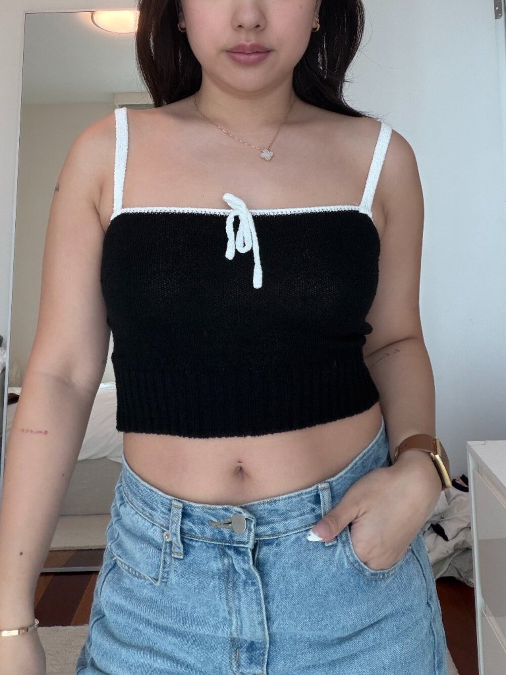 Oak + Fort Contrast Sweater Bow Detail Top